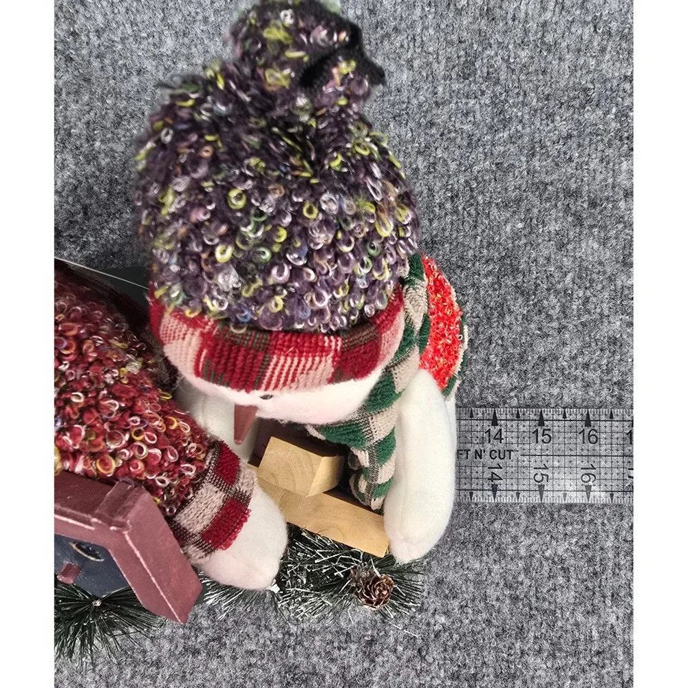 Vintage Snowman Plush Family Holiday Display Multicolor Scarves Wood Accents Y2K